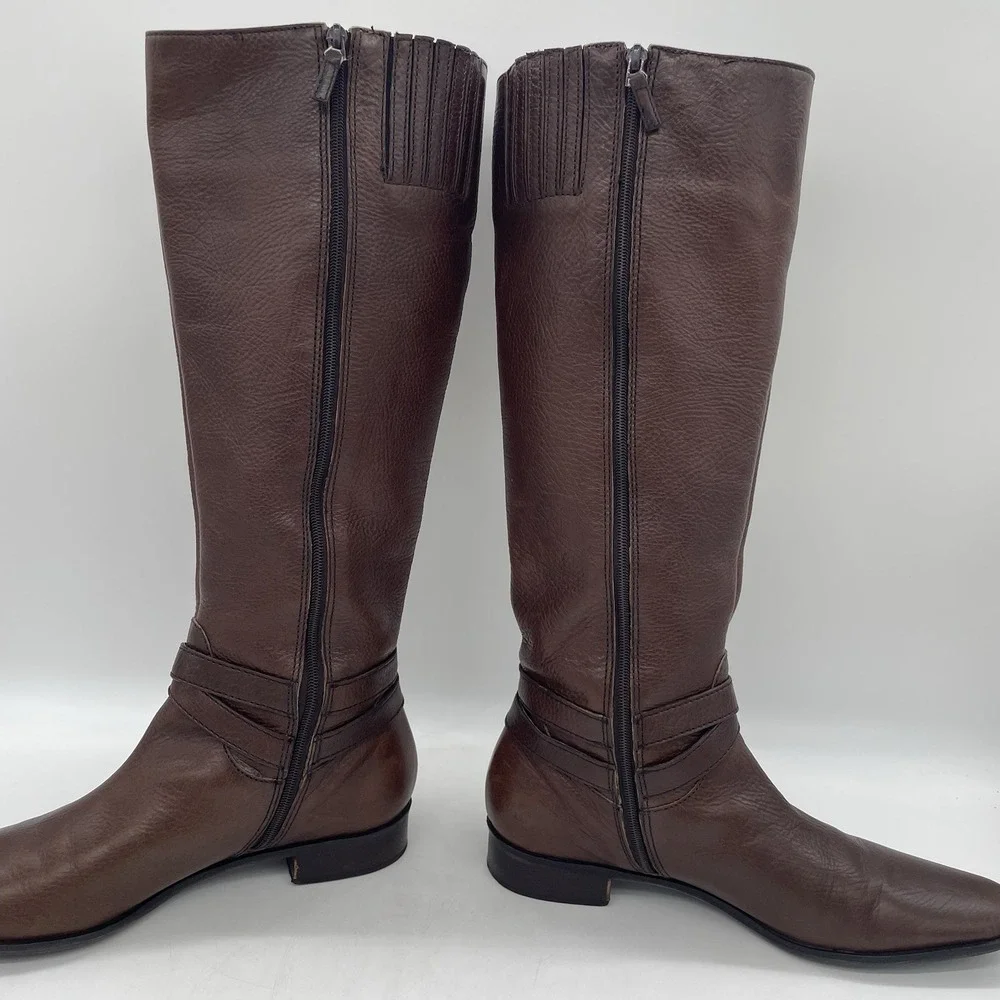 Talbots Womens 7AA Riding Boots Tall Brown Pebbled Leather Gold Buckle‎ Full Zip - Picture 12 of 16